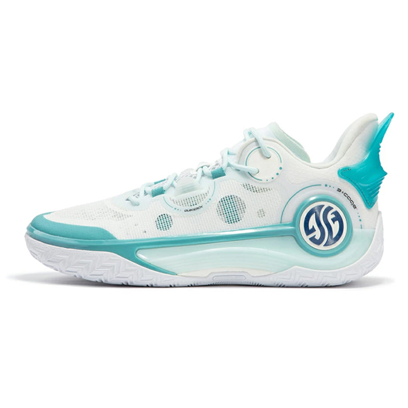 A pair of white basketball shoes with teal accents, featuring a Soar System midsole and an undulating rubber outsole, with the signature logo on the side.