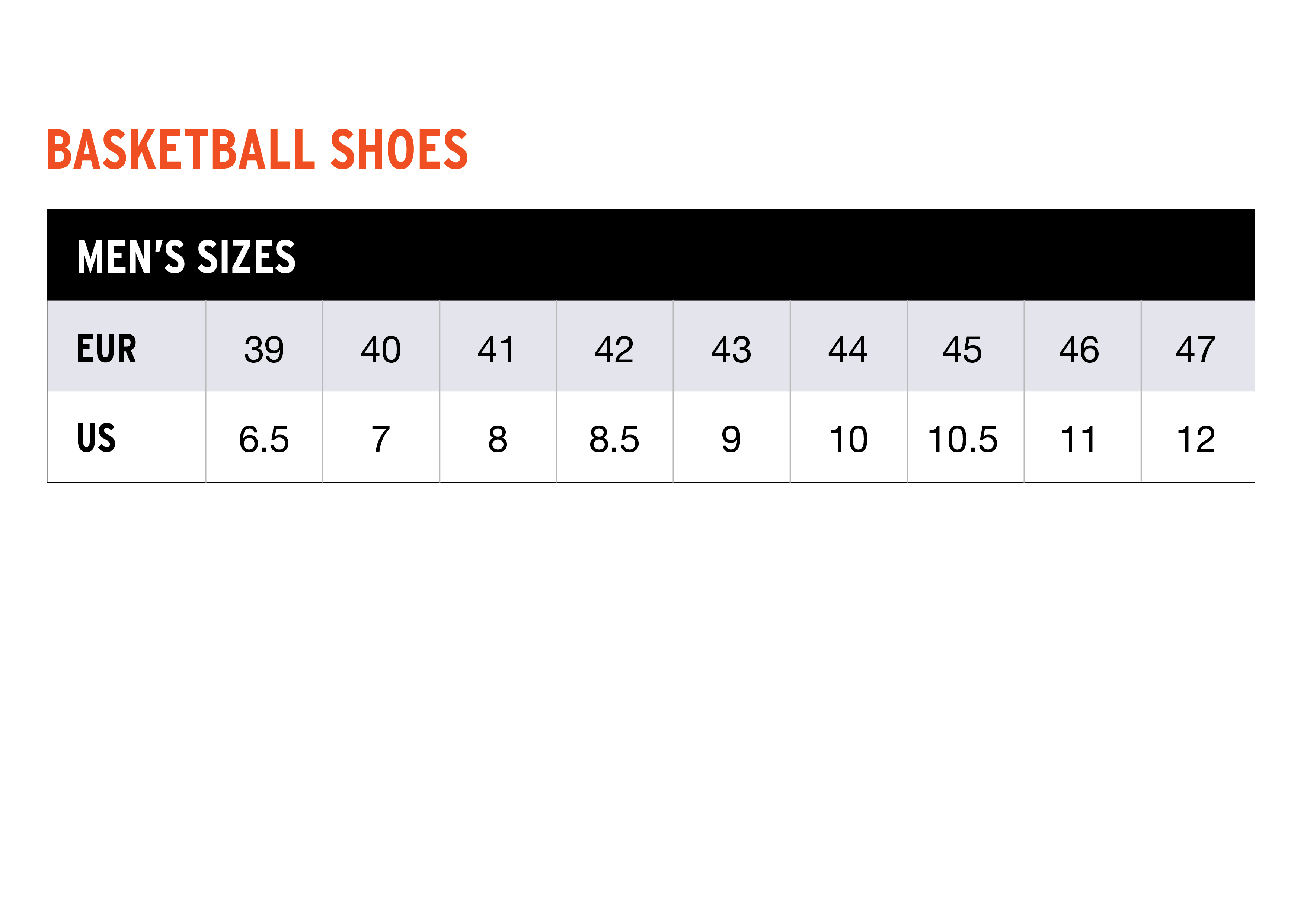 361° Size Chart - Basketball Shoes